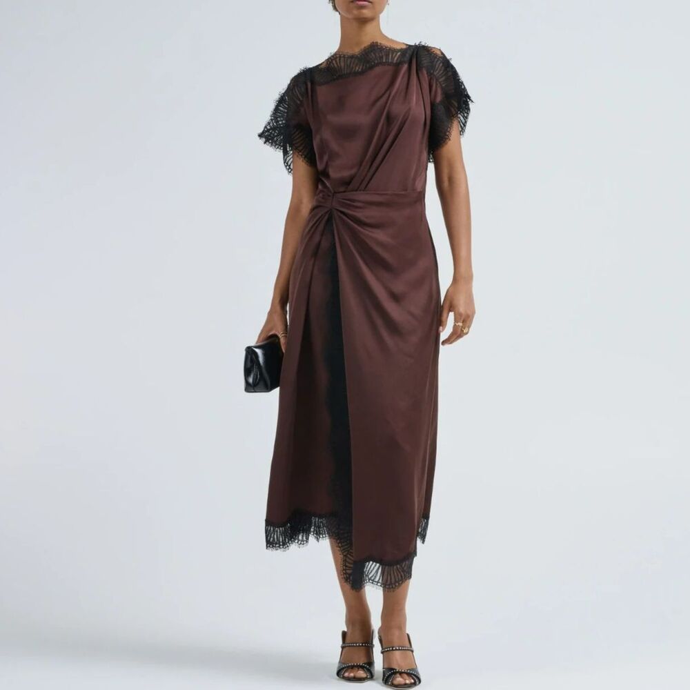 A.L.C. Luna Satin Lace Trim Dress Brown Black Midi Bateau Neck Ruched Waist Sz 8